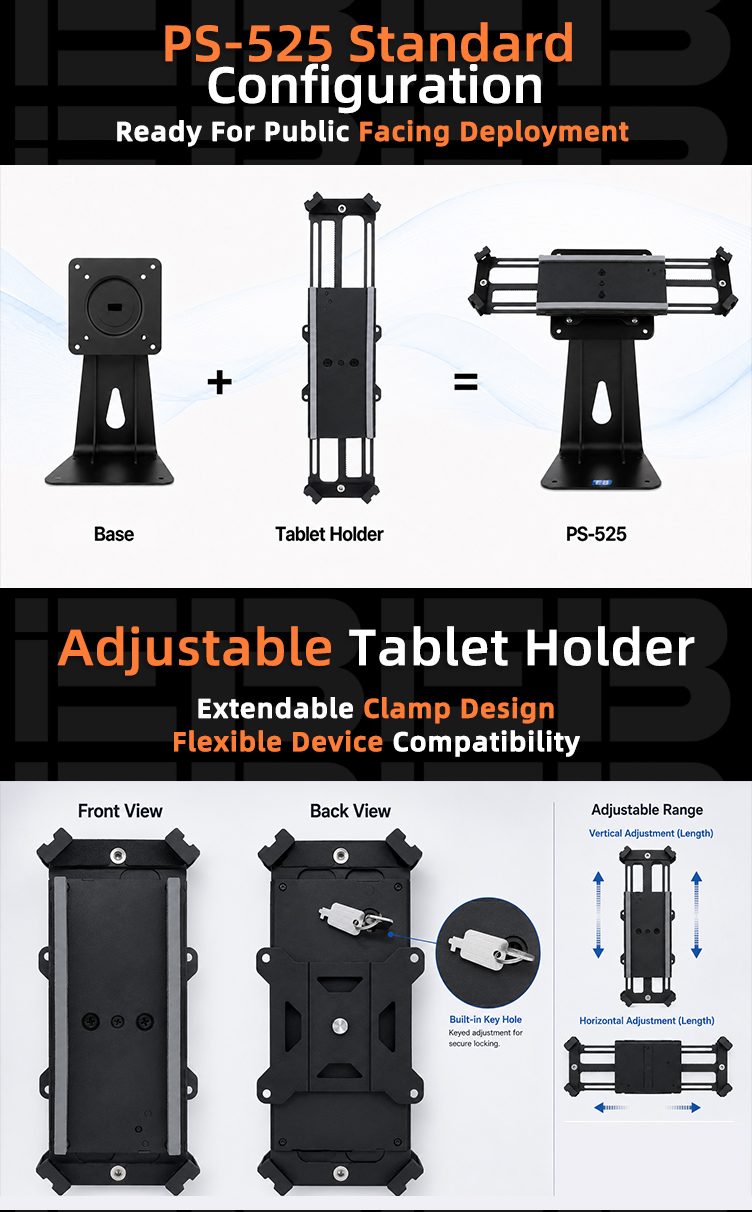 Extendable clamping structure of PS-525 EB POS tablet stand with 360 rotation, maximum clamping thickness up to 9 mm for slim tablets