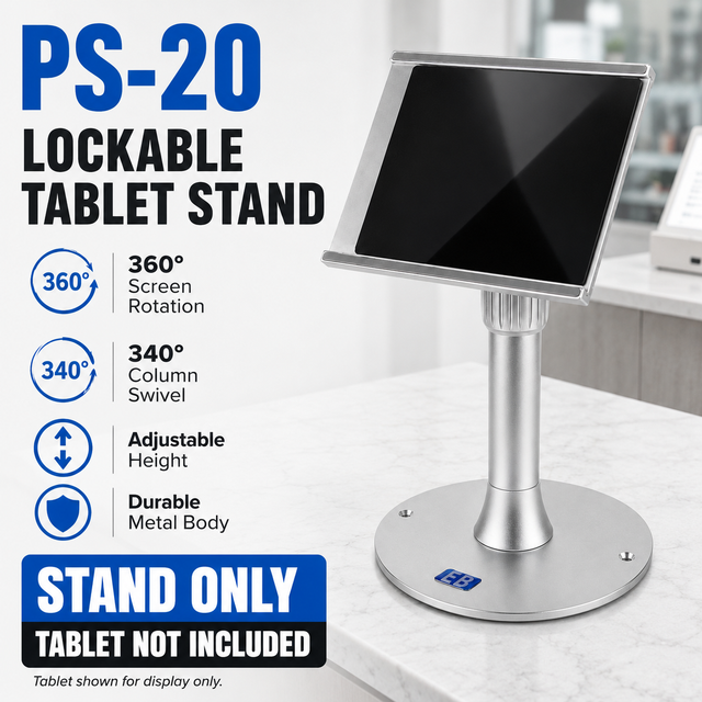 PS-20 lockable tablet POS stand on white background, anti-theft universal holder for 7 to 16 inch tablets with 360 degree rotation and height adjustment