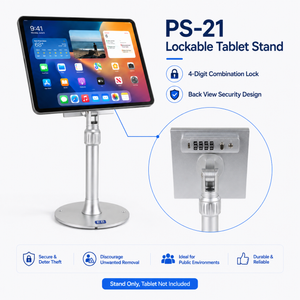 PS-21 combination lock metal tablet POS stand - keyless 7-16 inch universal holder with 360 rotation height adjustable for retail counter