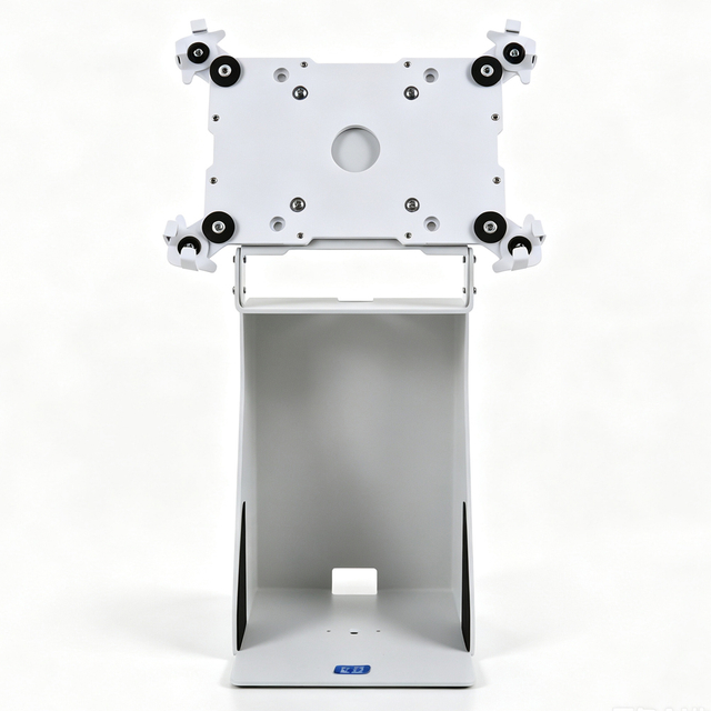 PS-504 universal POS tablet holder with printer tray on white background, multi-angle metal display stand for 10 to 15 inch tablet