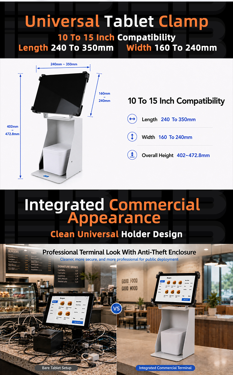 PS-503 POS tablet stand with printer space base neck tilting 25 degrees for comfortable viewing and touch angle