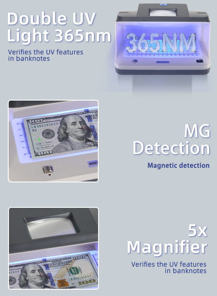 Close-up of DC-2089P UV MG money detector, dual UV and magnetic ink detection checking suspicious banknotes during routine inspections