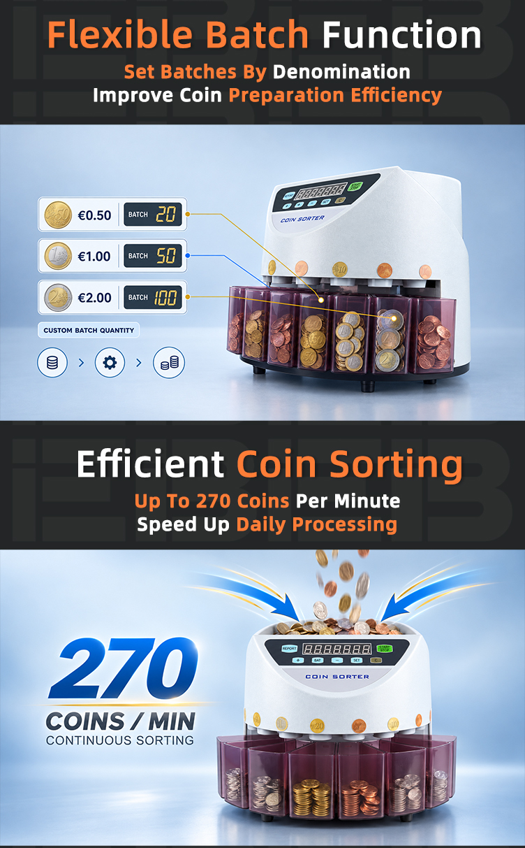 LED display of EB CS-5501 showing coin quantity and total value per denomination with a complete reconciliation summary per batch