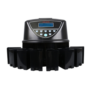 CS-5506 multi-currency plastic coin counter sorter on white background, high speed machine with optical sensor and large LCD display rated 350 coins per minute