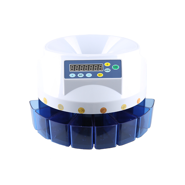 CS-5507 Euro coin counter sorter on white background, industrial plastic coin money counter with LED display for easy viewing of counting results