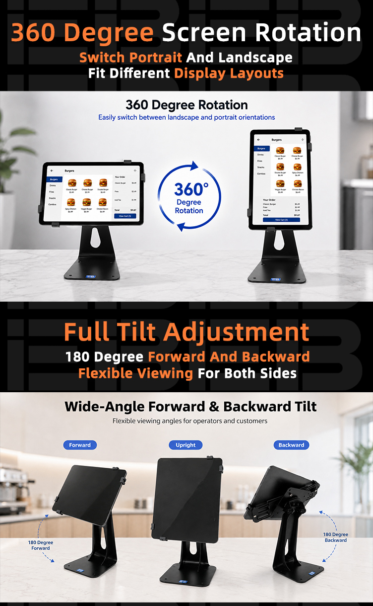PS-525 EB POS tablet stand with 360 rotation tilt range diagram, 180 degree forward and 180 degree backward adjustment