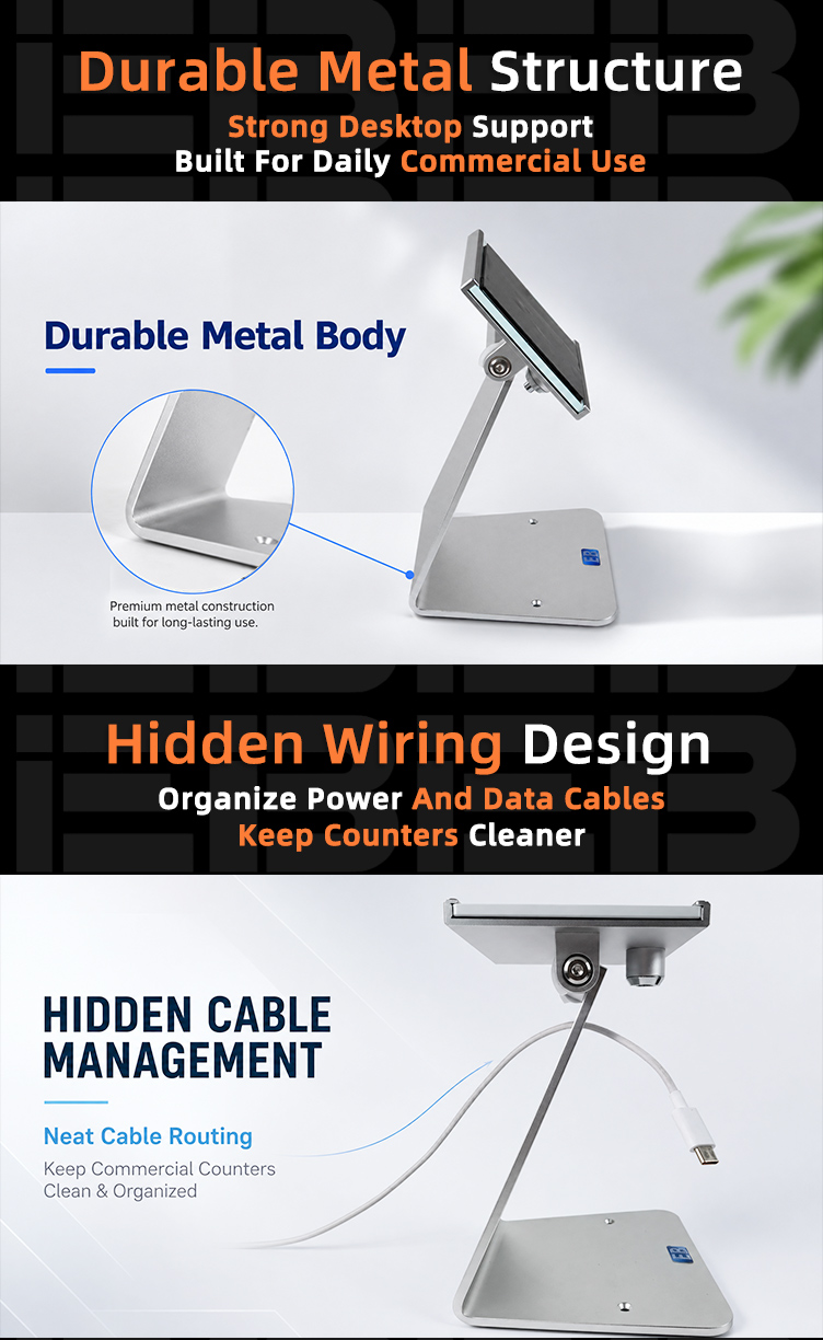 PS-17 lockable tablet POS stand with 270 degree tilt range supporting flexible viewing and touch operation