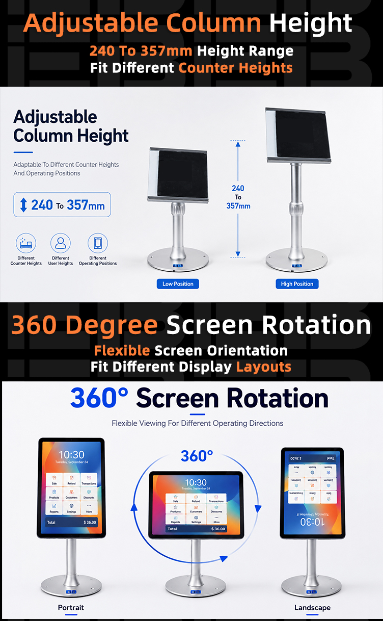 PS-20 lockable tablet POS stand with 360 degree screen rotation and 360 degree tilt range for flexible portrait landscape and viewing angles