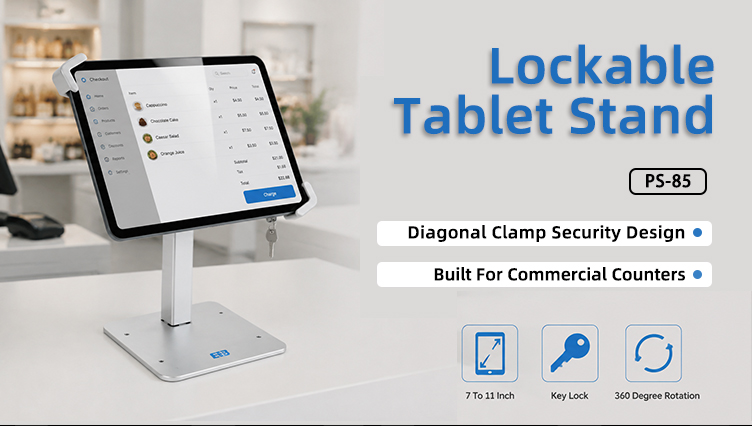 Full view of EB lockable tablet stand 7-11 inch, silver metal body with diagonal clamp holding iPad at a commercial counter
