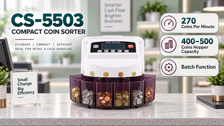 CS-5503 commercial coin sorter and counter overview, a new type compact machine for coin cash counting tasks in shops and cash offices