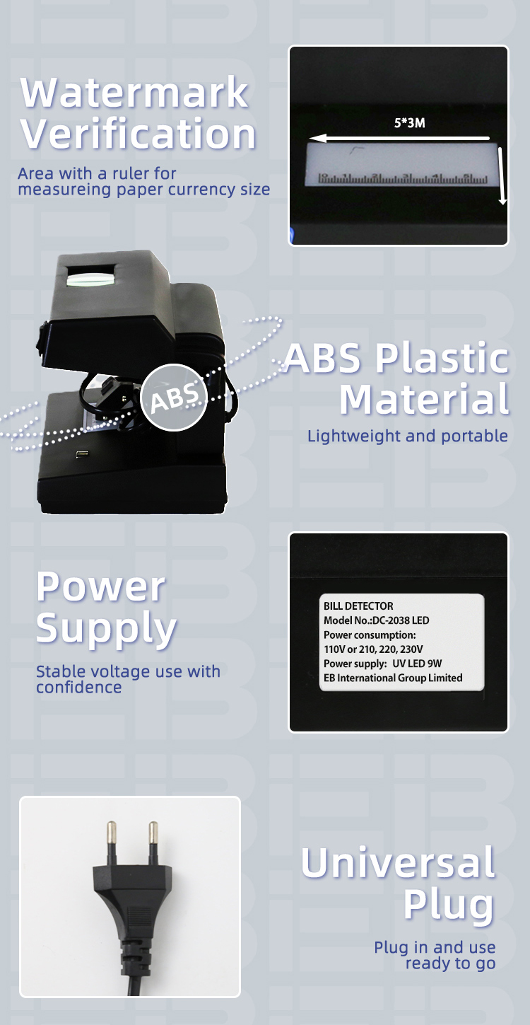 Large 5X magnifier of EB DC-2038 counterfeit detector for checking microprinting, fine lines and other security details