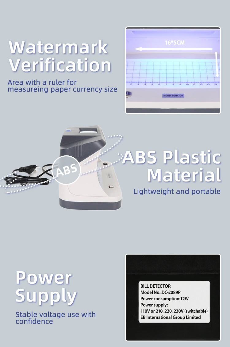 DC-2089P currency UV detector specification chart, 220 x 120 x 130 mm, 0.55 kg, switchable 110V to 230V power, UV lamp 2x6W and fluorescent lamp 2x6W