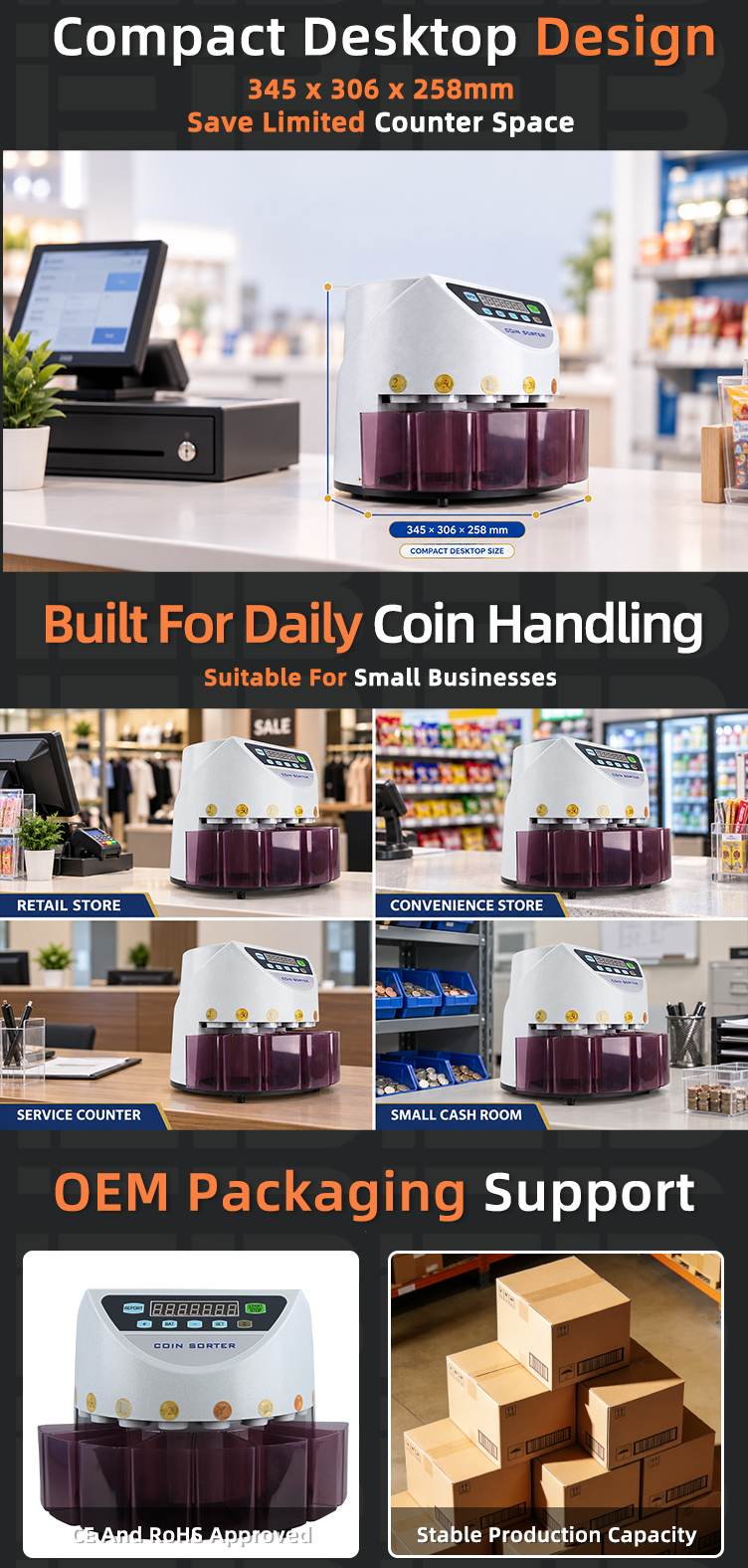 EB CS-5501 enabling direct bagging output across multiple coin types within a single unattended run, reducing labor time per batch