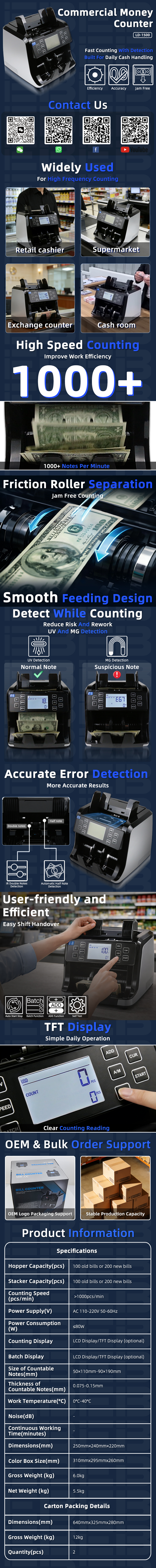  LD-1500 bill counter detailed view showing 1000 pcs/min speed, 200-note hopper, 4-way UV MG IR DD detection, auto currency recognition, and 110-240V global voltage