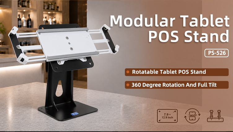 Full view of PS-526 360 rotatable adjustable tablet POS holder, black swivel metal bracket holding iPad at a store cashier counter