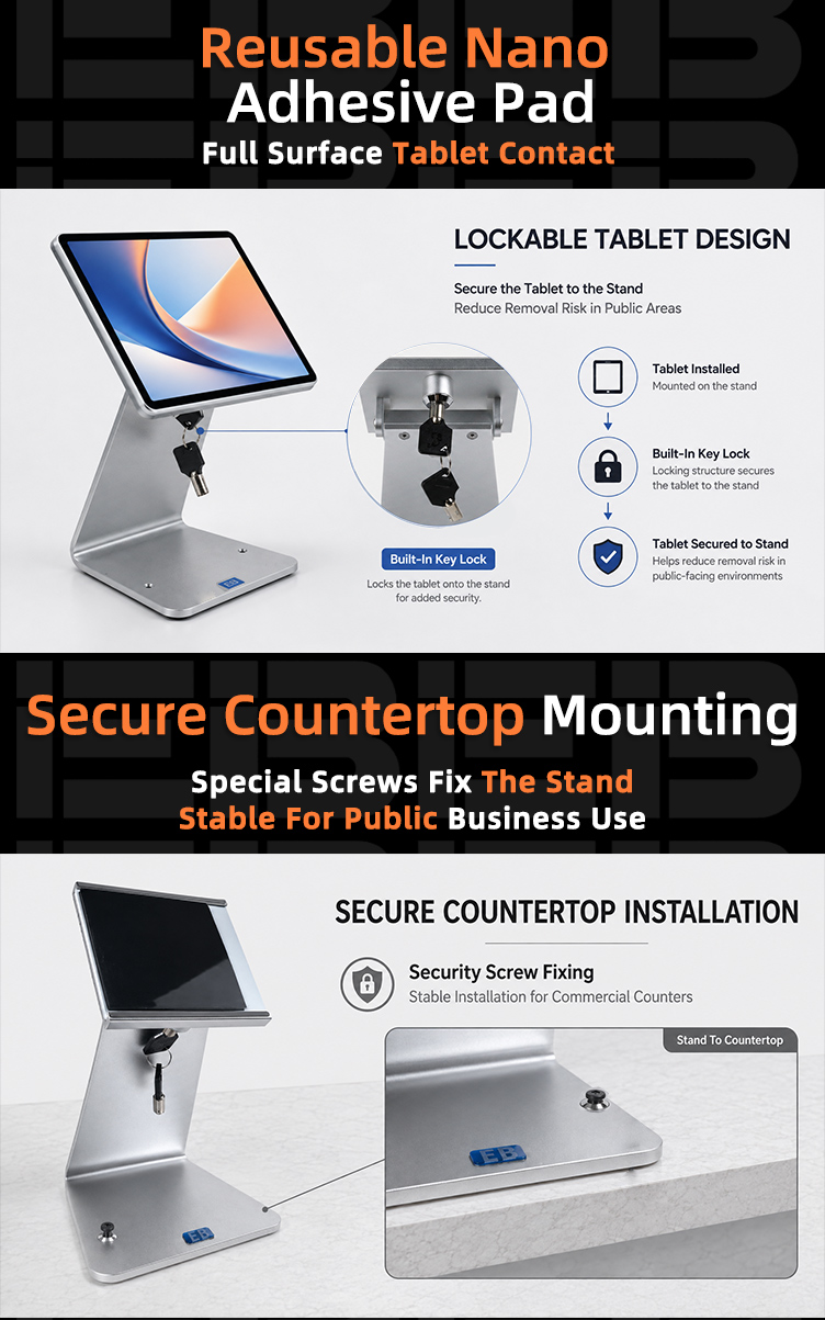 PS-17 lockable tablet POS stand with universal holder supporting compatible tablets from 7 to 16 inches