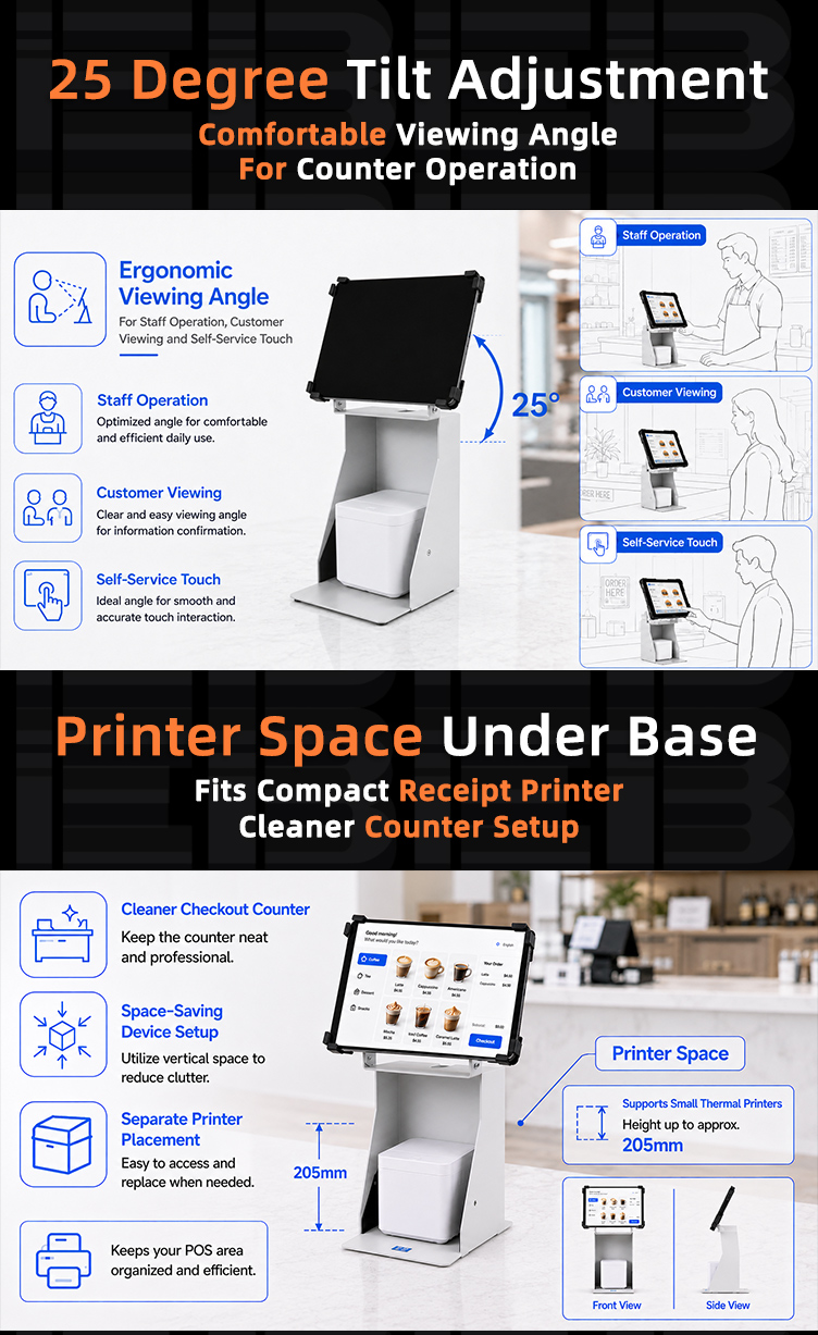 VESA 75 x 75 mm and 100 x 100 mm mounting interfaces on PS-503 POS tablet stand with printer space for standardized installation