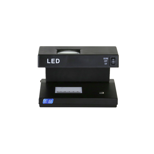 EB DC-2038 UV LED counterfeit detector on white background, compact desktop banknote verifier with 5X magnifier and magnetic sensor