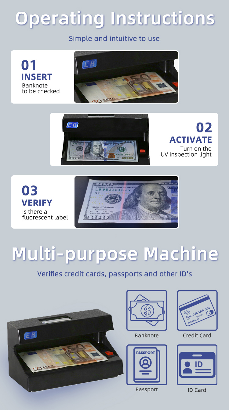 DC-102 LED UV banknote detector verifying banknotes, bills, credit cards, travellers cheques, passports and IDs in commercial use