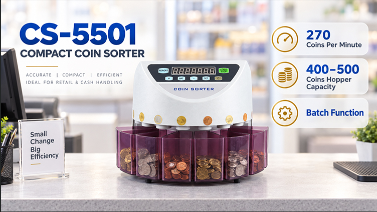 EB CS-5501 multi coin portable sorter counter overview, compact machine with individual denomination drawers for small cash operations