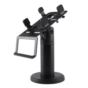 PS-10 custom POS terminal stand front view in black and white finish with industrial metal mounting base