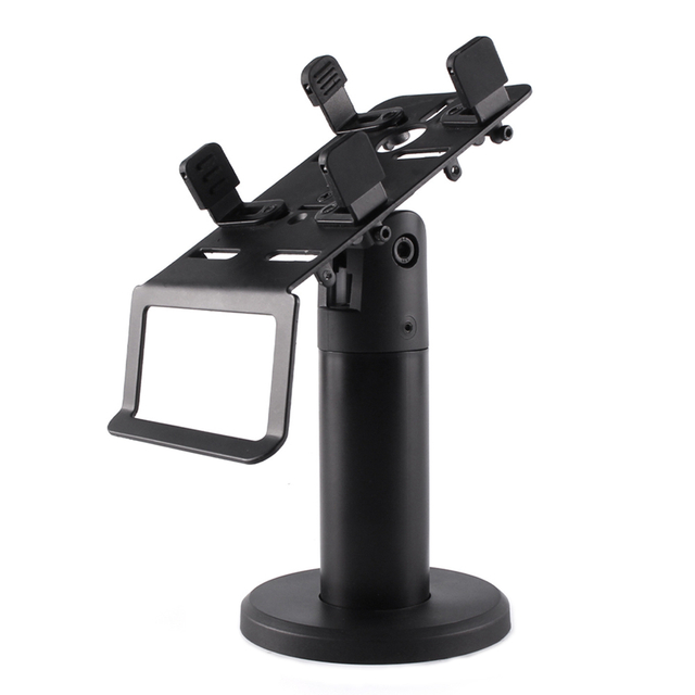 PS-10 custom POS terminal stand front view in black and white finish with industrial metal mounting base