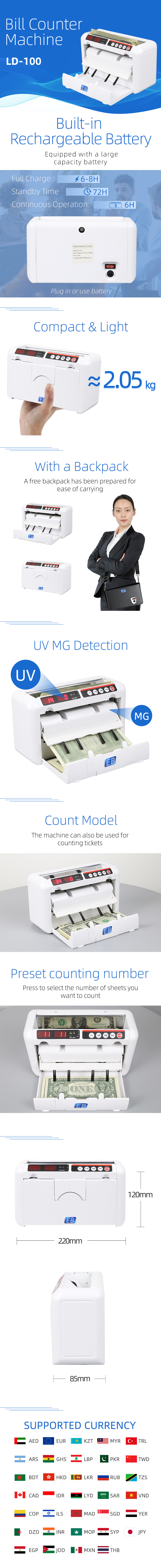  LD-100 Money Counter detailed view showing rechargeable battery capacity, multi-currency support, and lightweight portable build