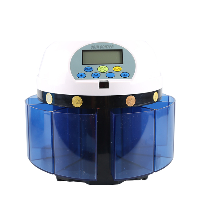 CS-6500 coin counting and sorting machine on white background, LCD coin counter sorter for Malaysia Swiss Japanese Yen and Japan markets at 650 coins per minute