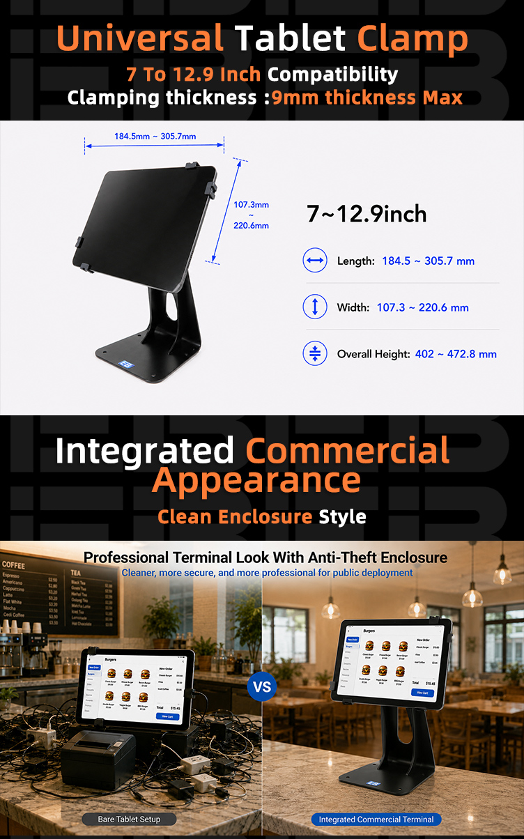 PS-525 EB POS tablet stand with 360 rotation compatible size diagram, fitting 7.9 to 12.9 inch tablets including iPad mini