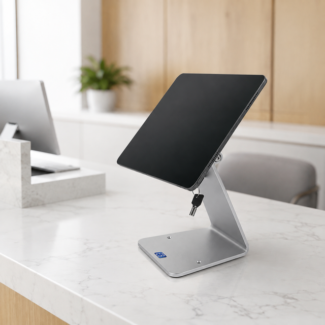 PS-17 lockable tablet POS stand on white background, anti-theft universal holder for 7 to 16 inch tablets with 270 degree tilt