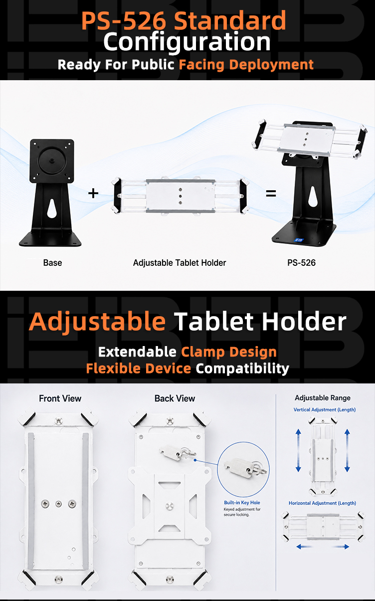 Extendable clamping structure of PS-526 360 rotatable adjustable tablet POS holder, maximum clamping thickness up to 9 mm for slim tablets