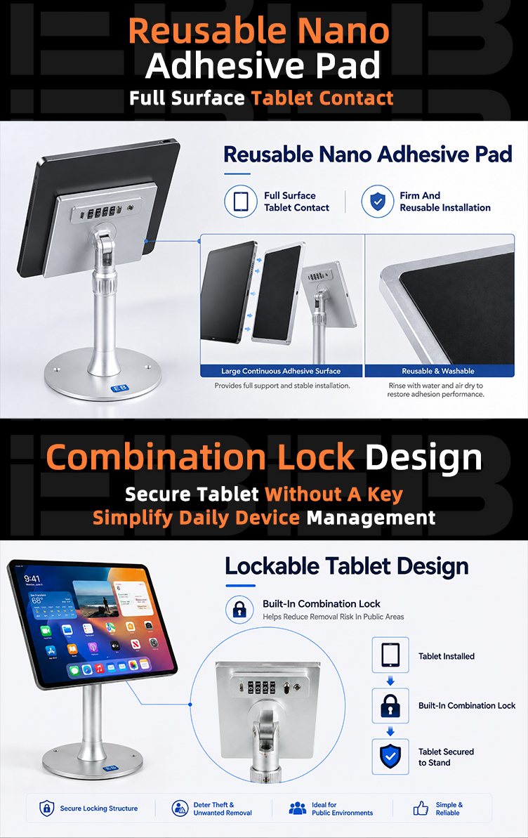 PS-21 combination lock metal tablet POS stand with universal holder supporting compatible tablets from 7 to 16 inches