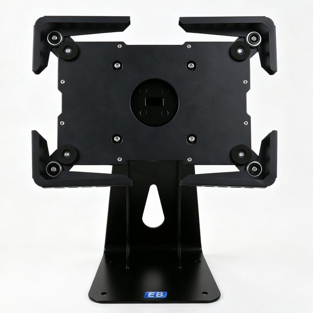 PS-522 360 rotatable security tablet POS holder on white background, anti-theft metal display bracket with screw-down base for 10 to 13 inch tablet