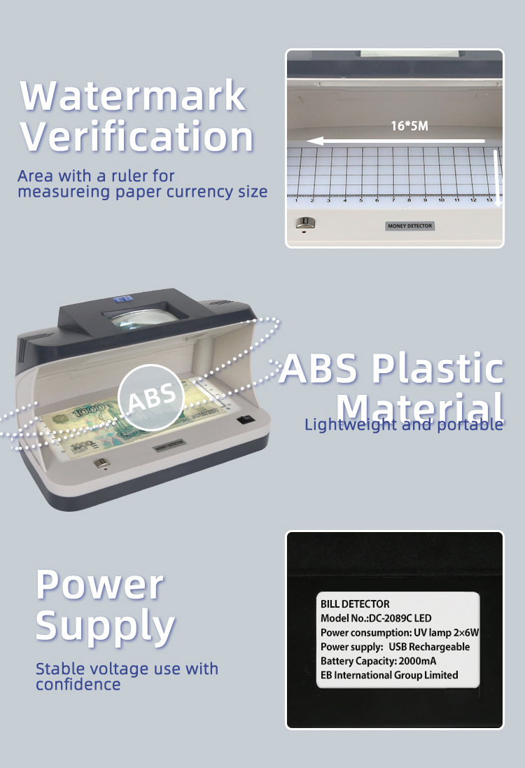 Large 5X magnifier of EB DC-2089C money detector enabling micro printing inspection during document verification work