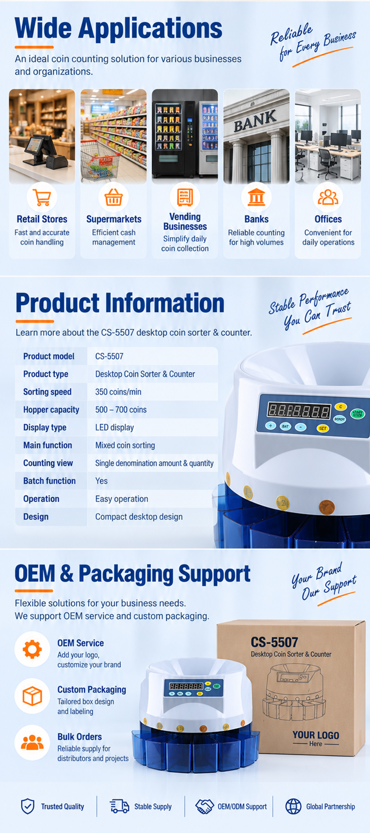 CS-5507 processing up to 350 coins per minute for stable commercial coin handling