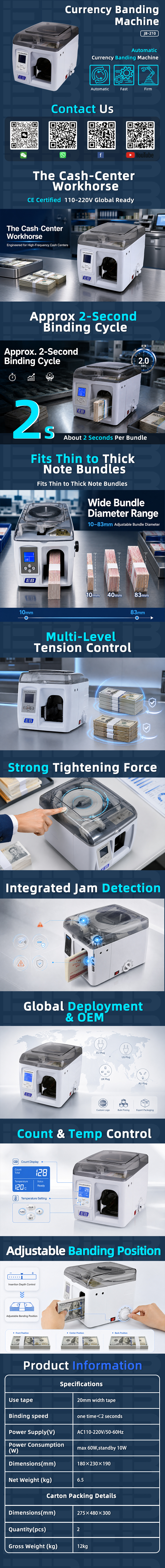 The JB-210 is the perfect bridge between manual strapping and industrial bundling—delivering bank-grade automation in a desktop form factor that fits any modern cash operation. Smart, compact, and proven to pay for itself through daily time savings.