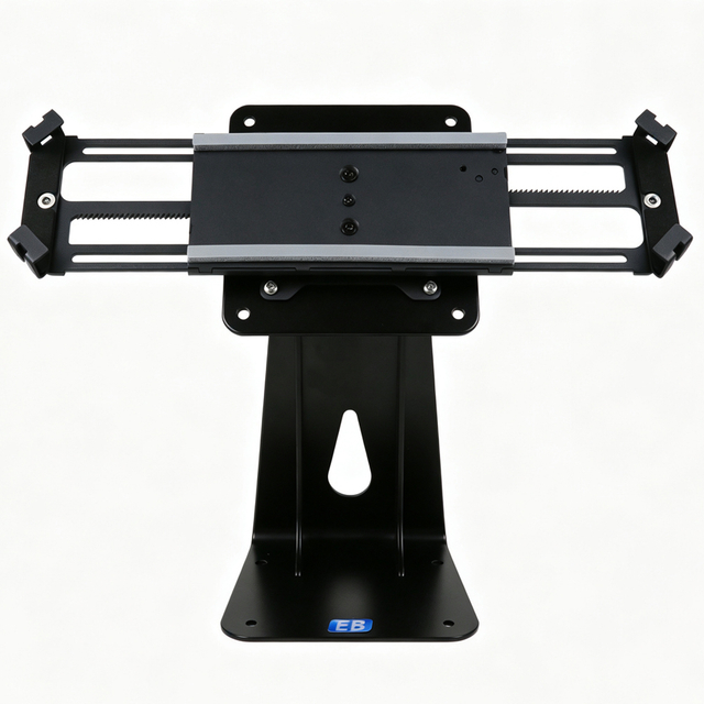PS-525 EB POS tablet stand with 360 rotation on white background, adjustable SPCC steel iPad holder for 7.9 to 12.9 inch tablet