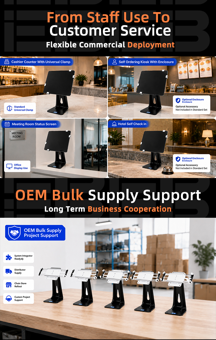 SPCC steel structure and hidden wiring of PS-526 360 rotatable adjustable tablet POS holder for reliable commercial support and tidy cables