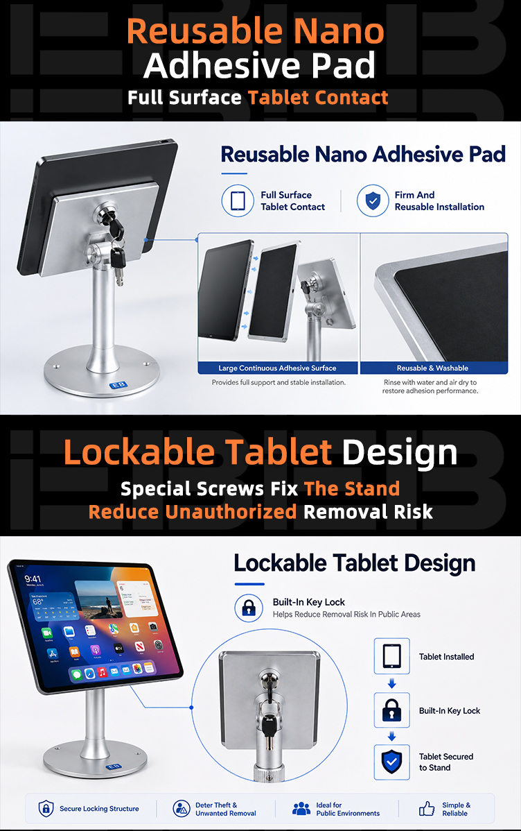 PS-20 lockable tablet POS stand with universal holder supporting compatible tablets from 7 to 16 inches