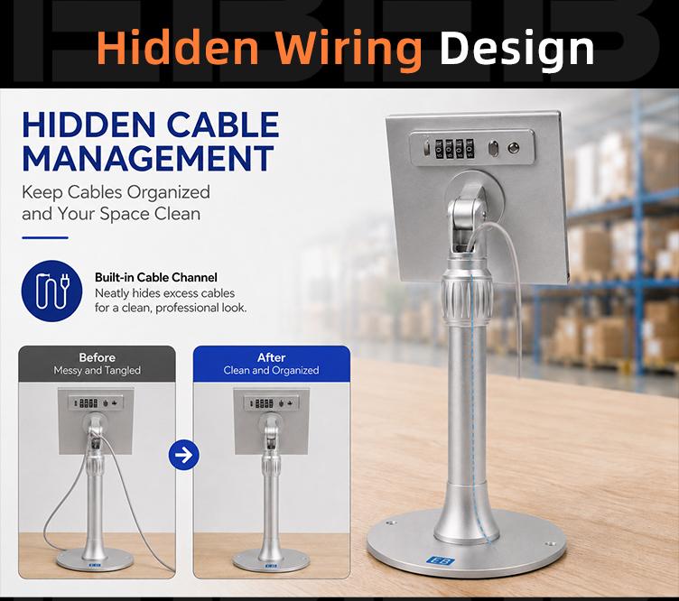 Special security screws of PS-21 combination lock metal tablet POS stand fixing the stand securely to the countertop