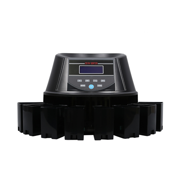 CS-5504 Automatic Coin Counter Sorter Wrapper Machine on white background, CE certified bank grade coin counter with plastic body and LED display