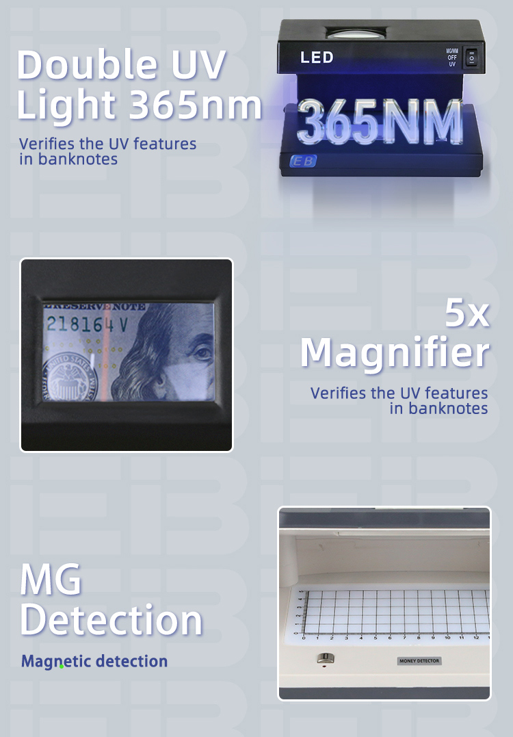 Built-in magnetic sensors of EB DC-2038 detector identifying magnetic ink characteristics commonly used in authentic currency