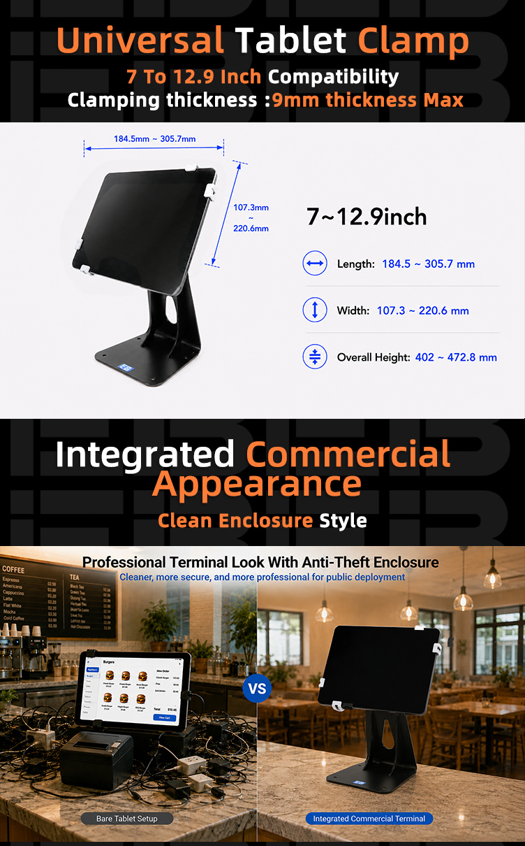 PS-526 360 rotatable adjustable tablet POS holder compatibility diagram, fitting 7.9 to 12.9 inch iPad and tablet devices