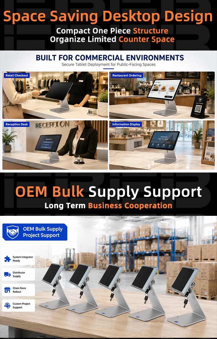 Special security screws of PS-17 lockable tablet POS stand fixing the stand securely to the countertop for stable commercial deployment