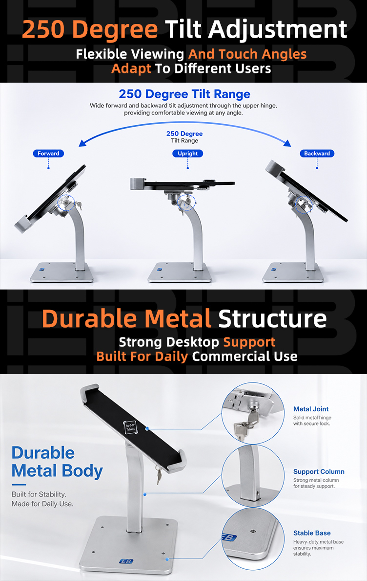 EB lockable tablet stand 7-11 inch with 360 degree screen rotation and 250 degree tilt range for flexible viewing angles