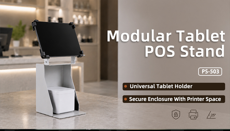 Full view of PS-503 POS tablet stand with printer space, freestanding metal stand holding tablet and receipt printer in one countertop setup
