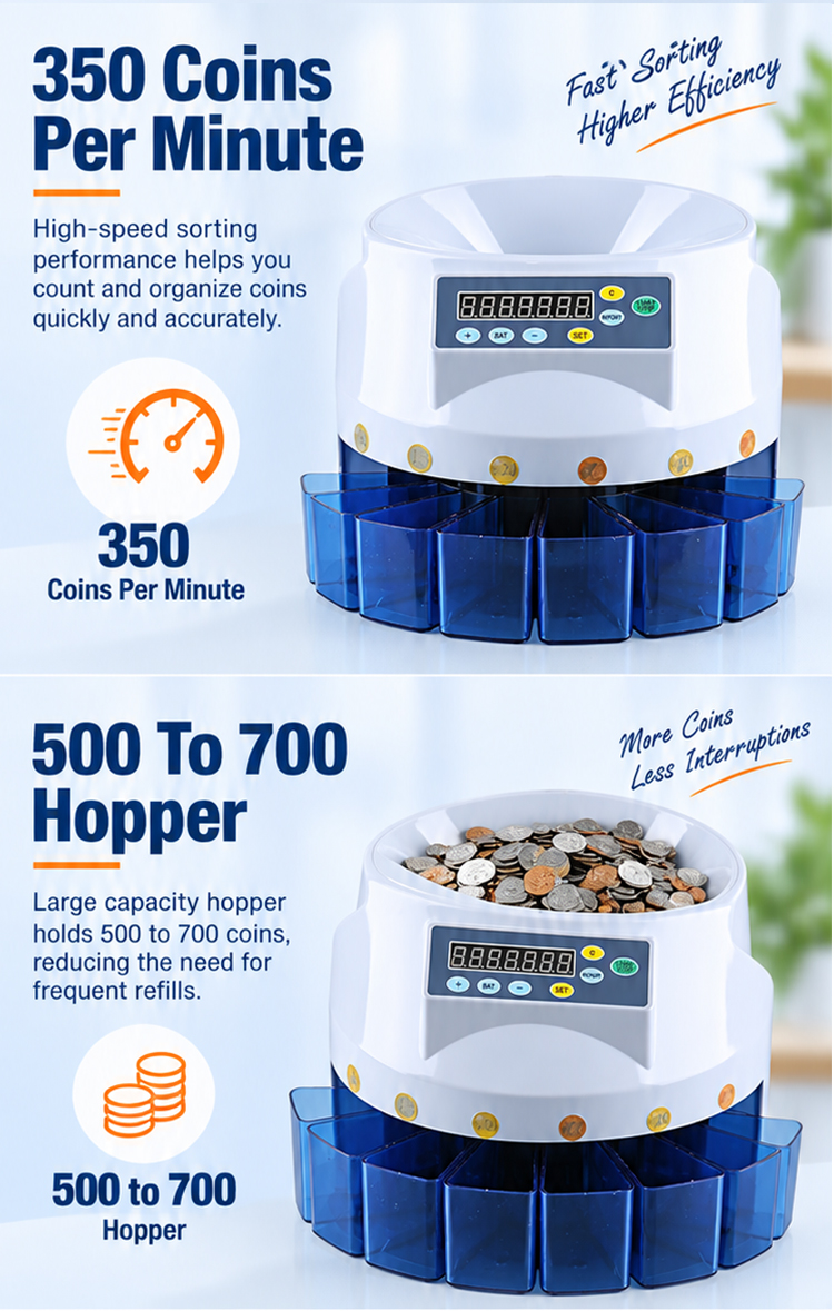 LED screen of CS-5507 showing total value and coin quantity, simplifying reconciliation and daily cash management