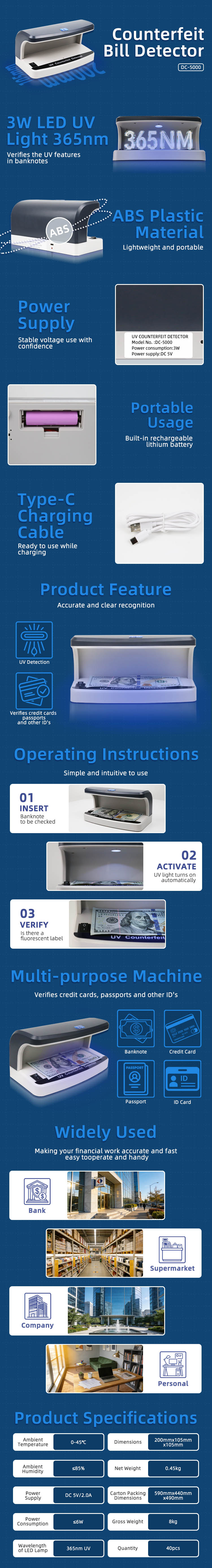 DC-5000 UV banknote detector detailed view showing UV detection, 0.5s speed, USB rechargeable lithium battery, 5V voltage, and portable plastic build