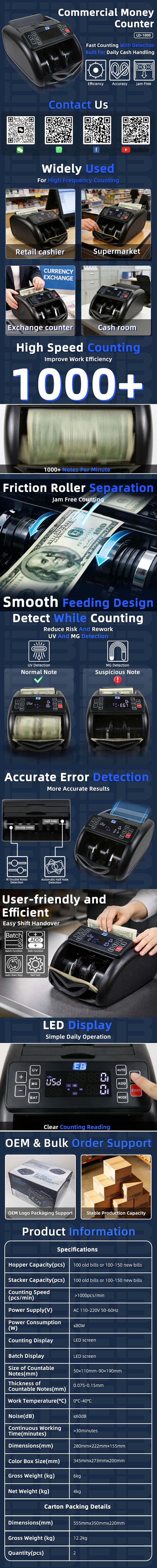 LD-1000 Bill Counter detailed view showing counting speed, multi-currency support, UV MG IR detection, and CE certification