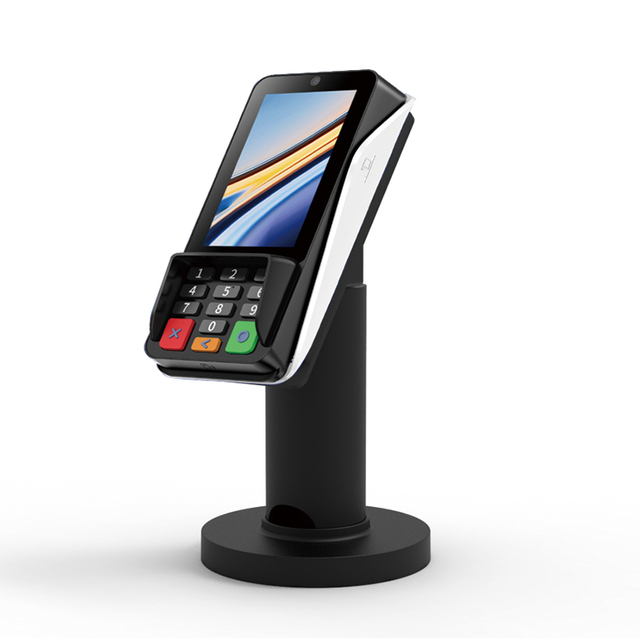  PS-84 heavy-duty metal handheld POS stand front view in black finish with 65 degree tilt joint and reinforced base